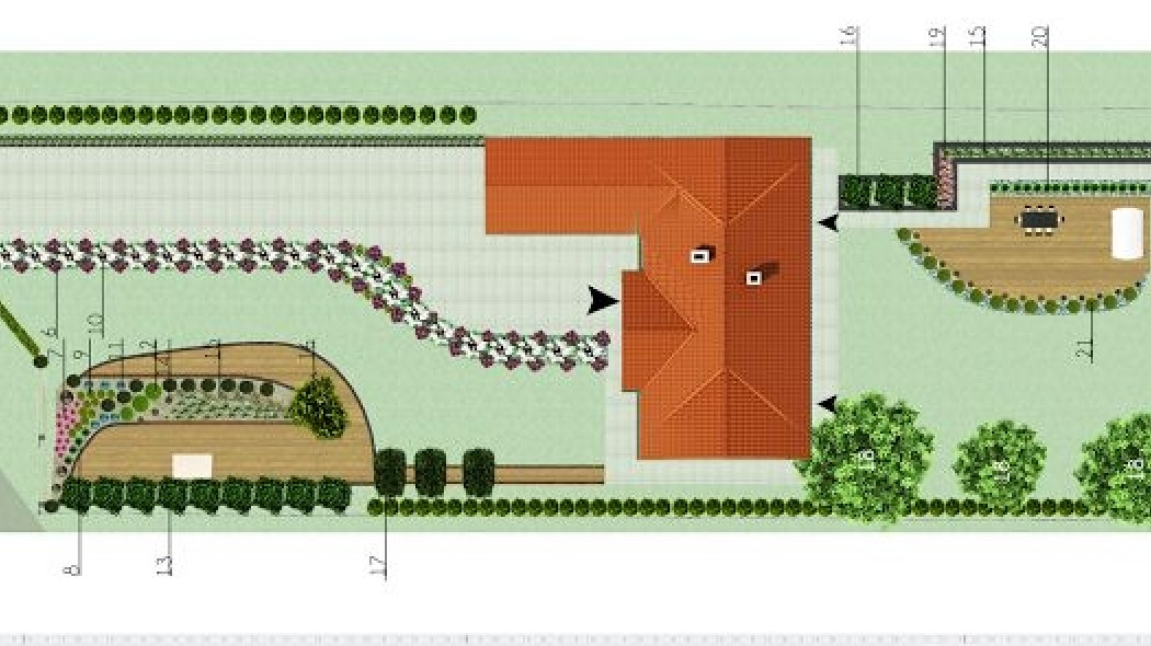 Projekt podmiejskiego ogrodu na dużej działce o podłużnym kształcie