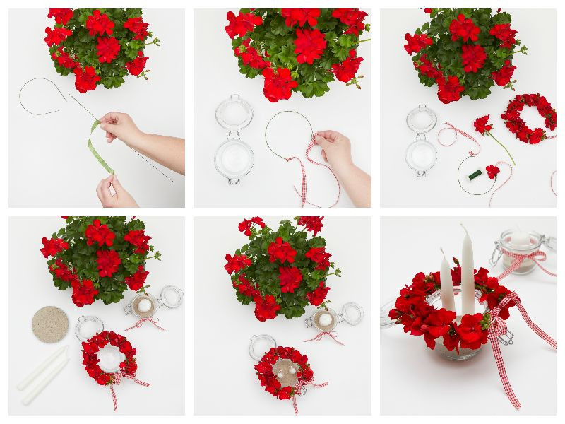 Świecznik z wianuszkiem z kwiatów pelargonii - fot Pelargonium for Europe 