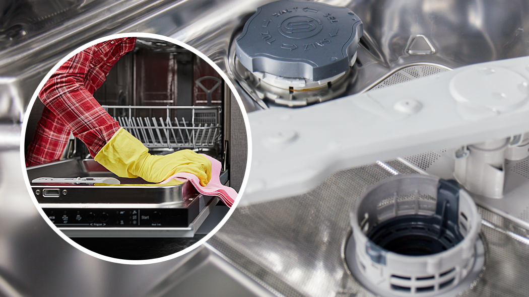 Czyszczenie wnętrza zmywarki bez chemii - osoba myjąca szmatką drzwi zmywarki