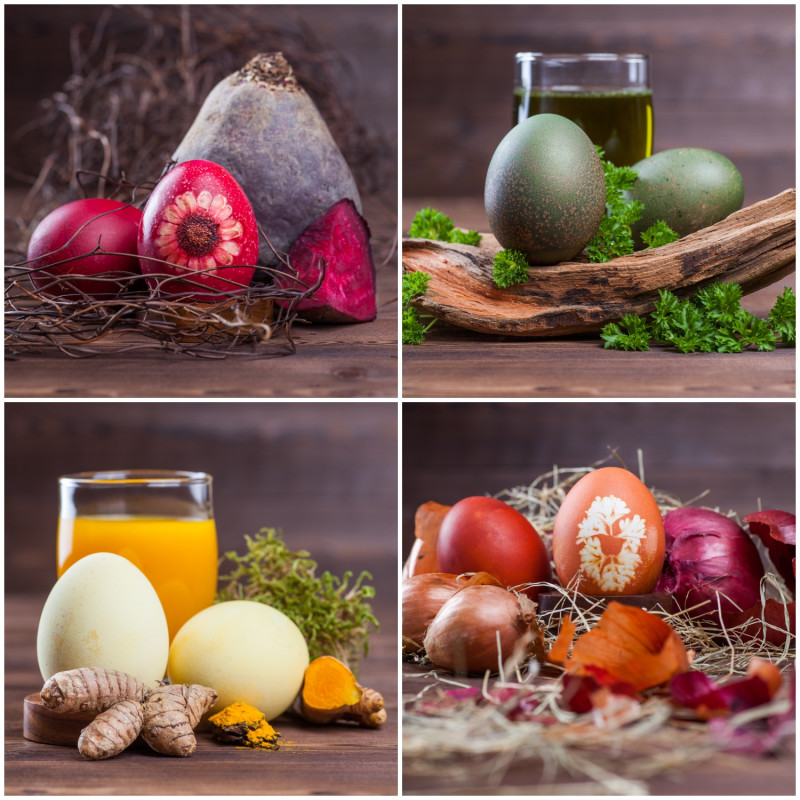 Wielkanocne pisanki zdobione naturalnymi barwnikami - burakiem, cebulą, kurkumą, pietruszką