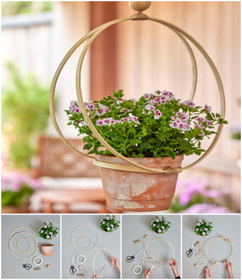 Wiszący kosz w stylu boho z pelargoniami