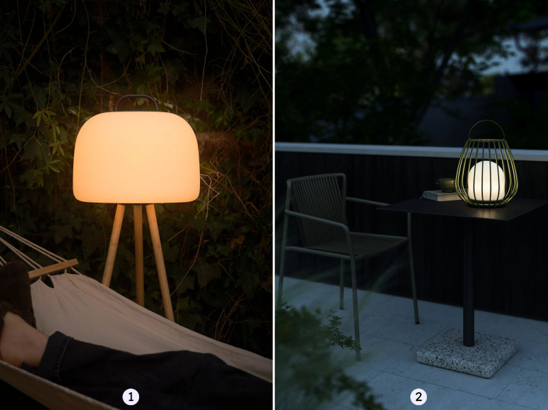 Mobilne lampy ogrodowe LED – Kettle na statywie i Jim To Go w formie latarenki, idealne do tarasu i ogrodu